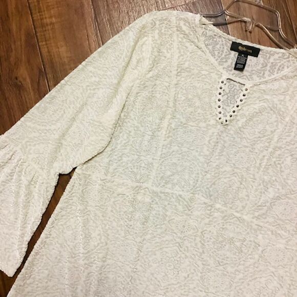 Style & Co. Women's Velvet Floral Textured Pattern Keyhole Boho Top in Ivory XL - Picture 5 of 7